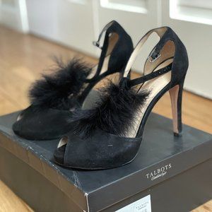 Talbots Elana2 black suede peep toe high heels feather w/box